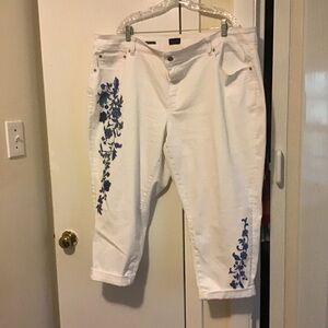 Talbots White Pants with Blue Floral Accents